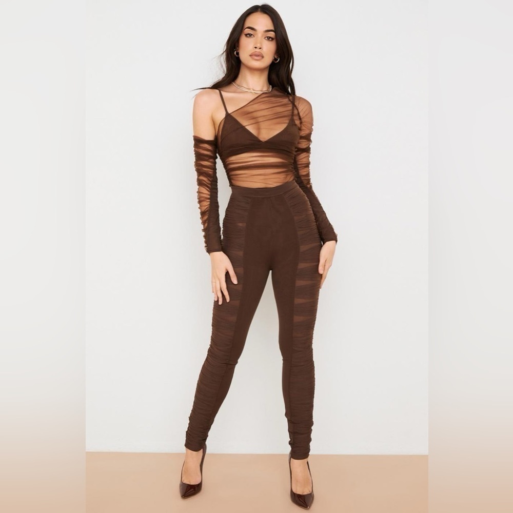 House Of CB Women’s Ruched Mesh Leggings Pants Brown High Waist Skinny Sheer XS